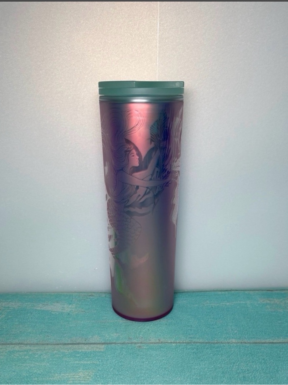 Starbucks Iridescent Pink-Purple Mermaid Tumbler with Green Lid